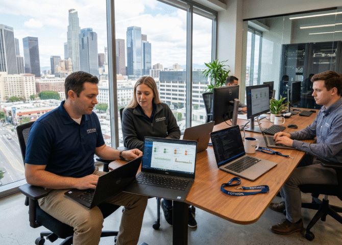 Fothion technicians monitor cloud computing systems and cyber threat protection interfaces from their laptops to assist a Los Angeles hybrid business.